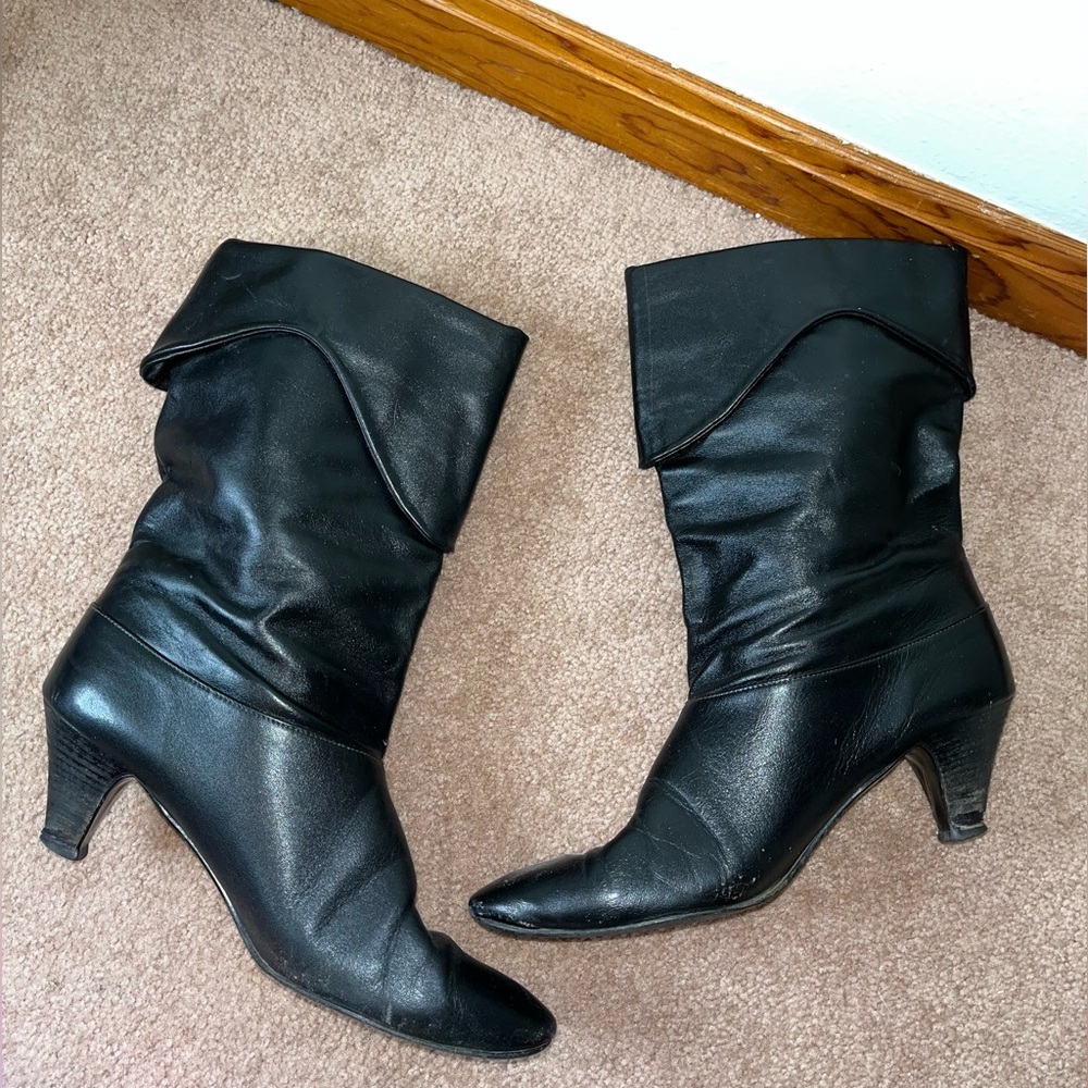 Vintage 1980s Black Leather Fold Over Boots